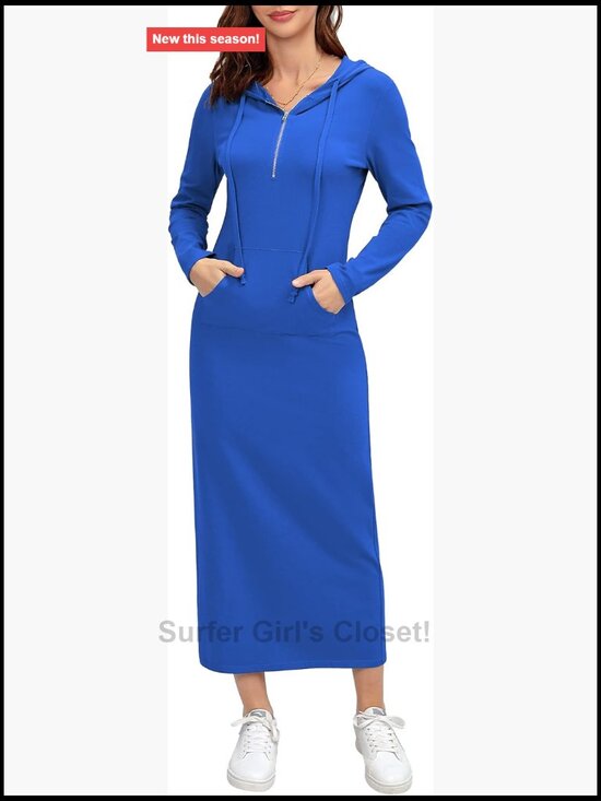 Dresses & Skirts - Casual Zip-Up Hoodie Maxi Dress with Pockets, Long Sleeve